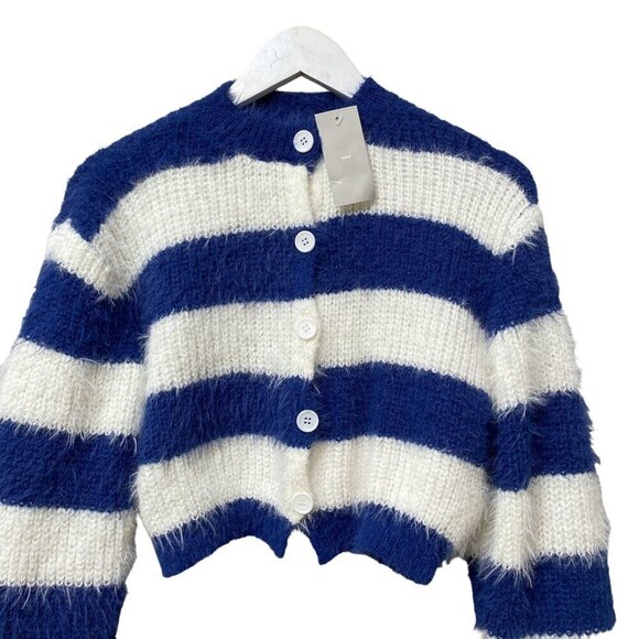 Blue Stripe Cardigan Sweater Medium Trendy Korean Fashion Fuzzy Wool Acrylic - Picture 1 of 10